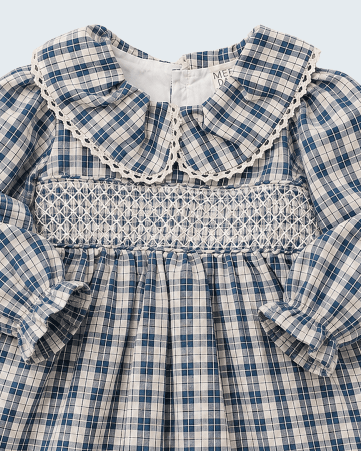 Blue plaid ruffle-collar dress with smocked bodice and bow cuff puff sleeves