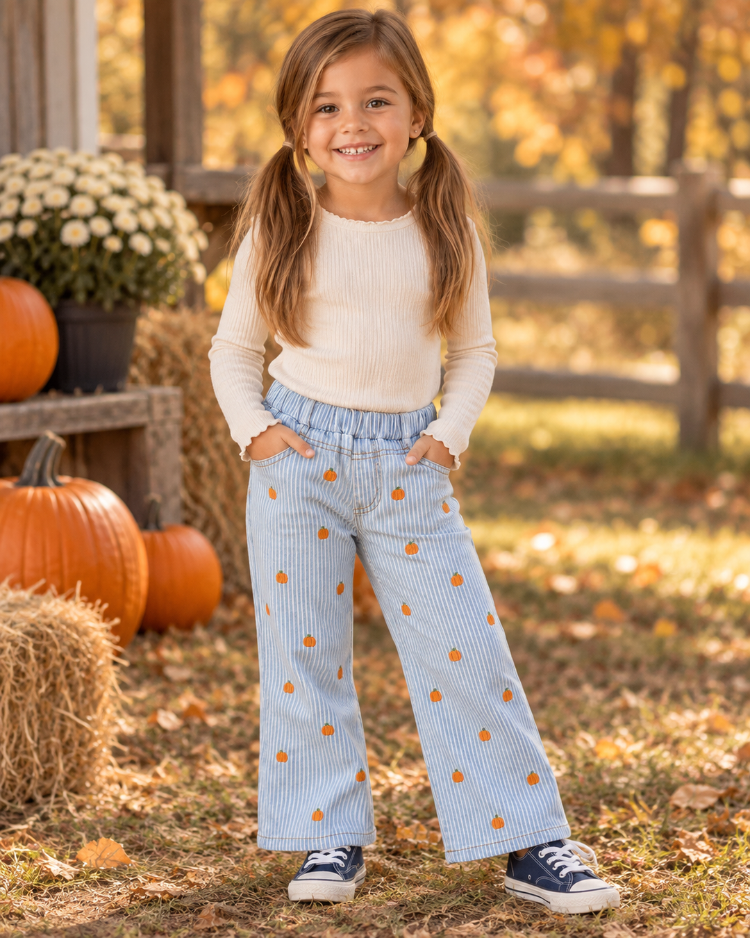 A young girl with pigtails stands outdoors in a fall yard wearing a cream ribbed long-sleeve top and light blue pinstriped wide-leg pants with orange pumpkin prints. She is standing on grass with pumpkins, hay bales, and a wooden fence in the background.