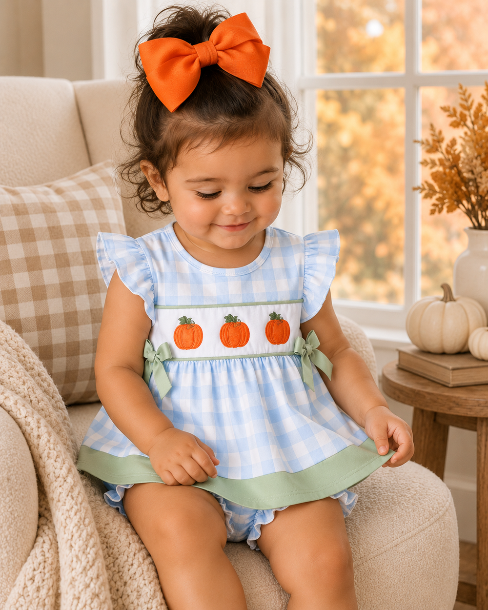 A toddler girl wearing a light blue and white gingham dress with three embroidered orange pumpkins on the chest, sitting on a beige armchair in a cozy room.