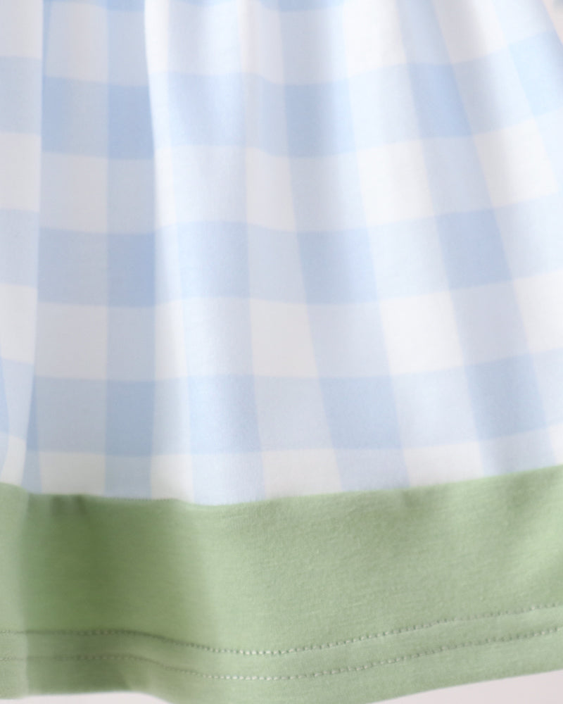 Close-up of a light blue and white gingham fabric with a solid pale green hem band.