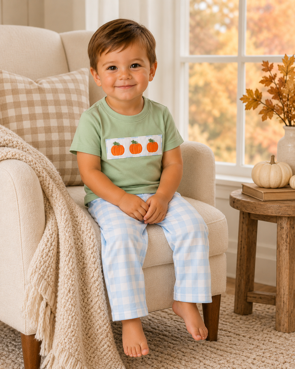 A young child sitting on a beige armchair in a cozy room, wearing a light green t-shirt with three orange pumpkins on a white rectangular patch and light blue and white gingham pants.