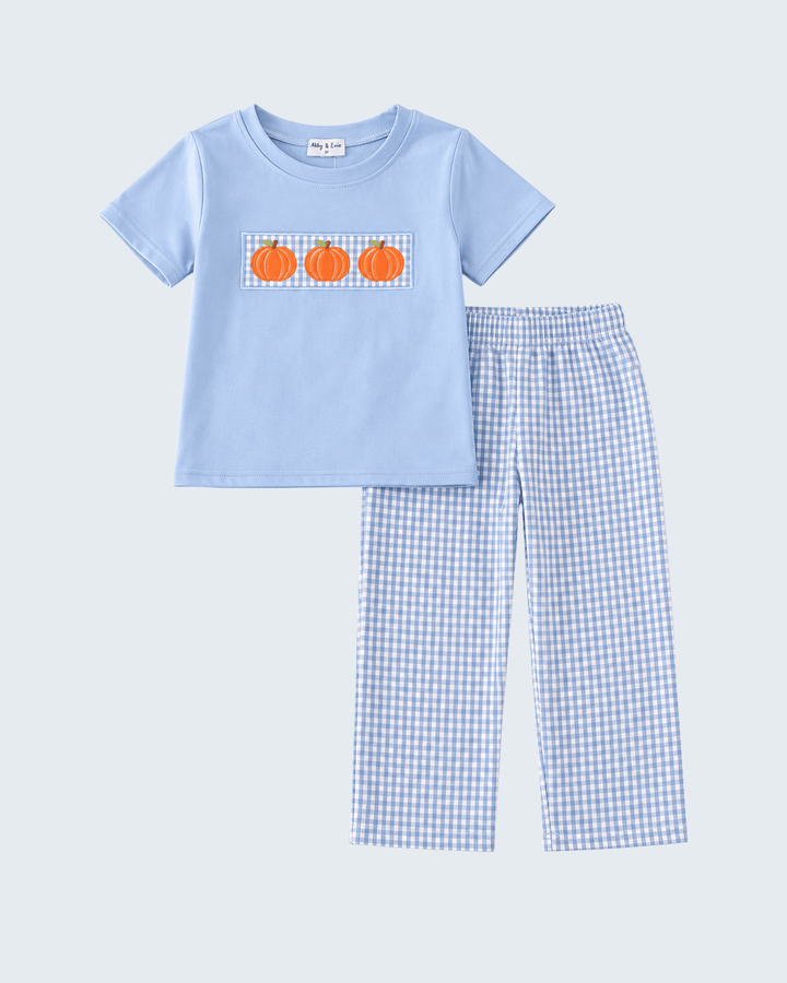 Blue T-shirt with pumpkin embroidery and gingham pants, two-piece set