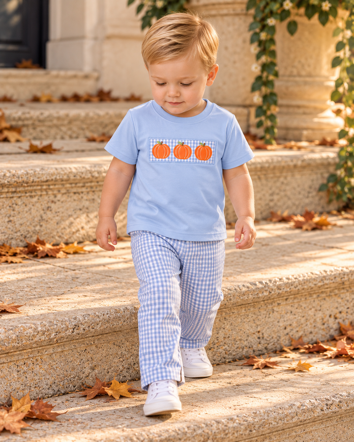 Child wearing light blue T-shirt with pumpkin embroidery and gingham pants