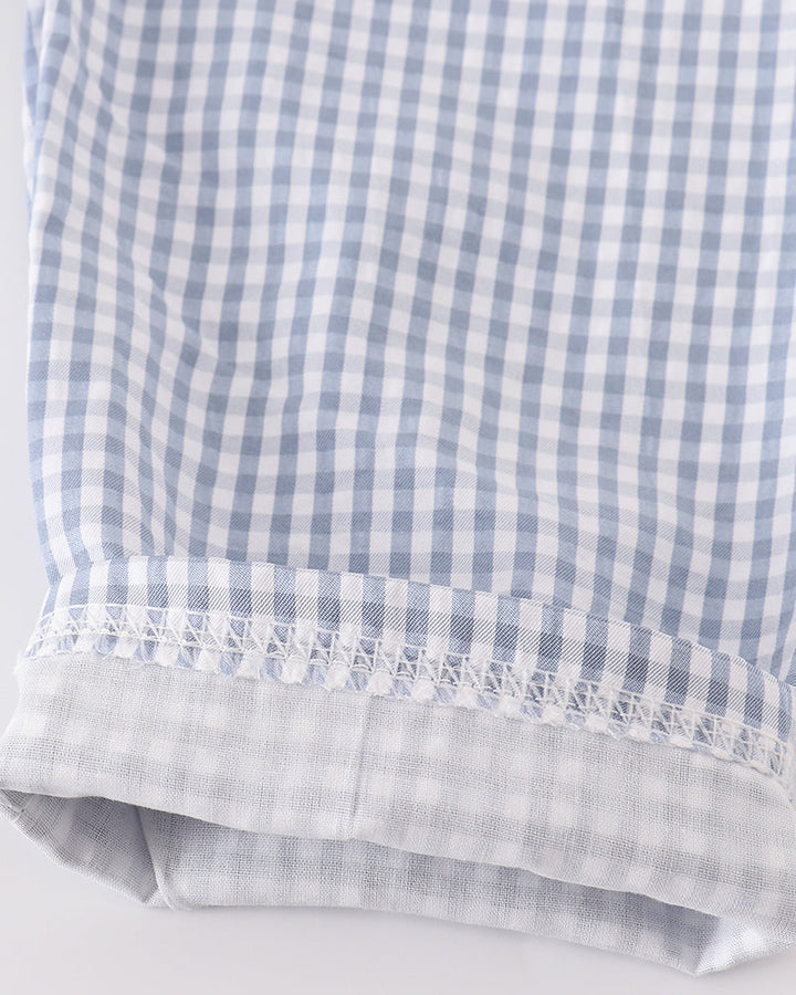 Blue-and-white gingham pants with gathered elastic cuff hem