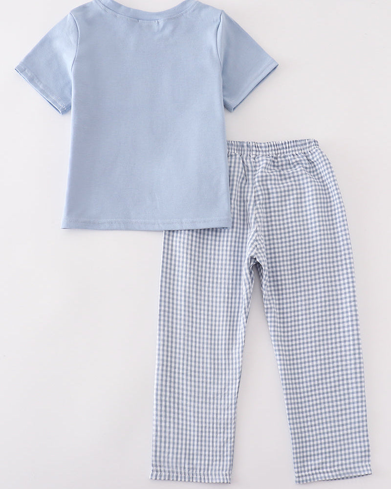 Kids blue T-shirt and blue-and-white gingham pants set