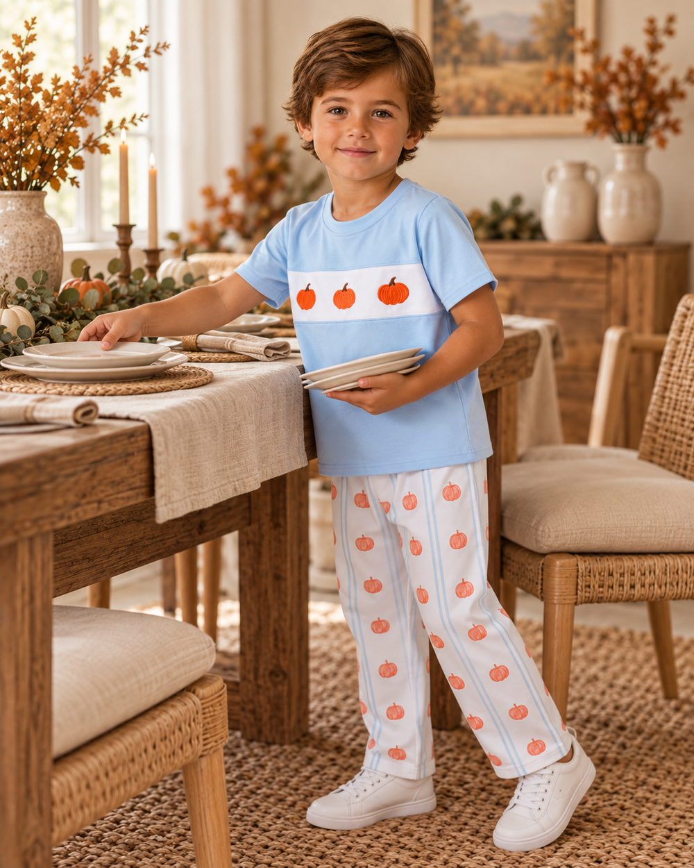 A young boy wearing a light blue t-shirt and white striped pants with orange pumpkin prints, standing in a cozy, decorated dining room next to a wooden table.
