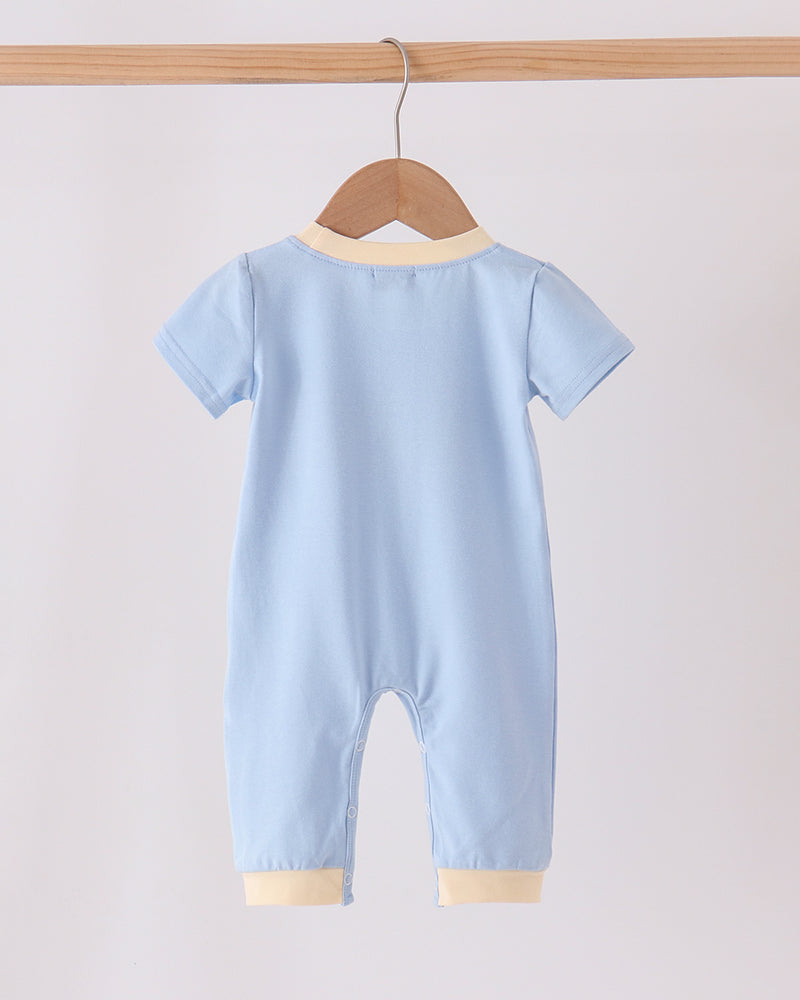 Plain light blue romper back with tan leg cuffs