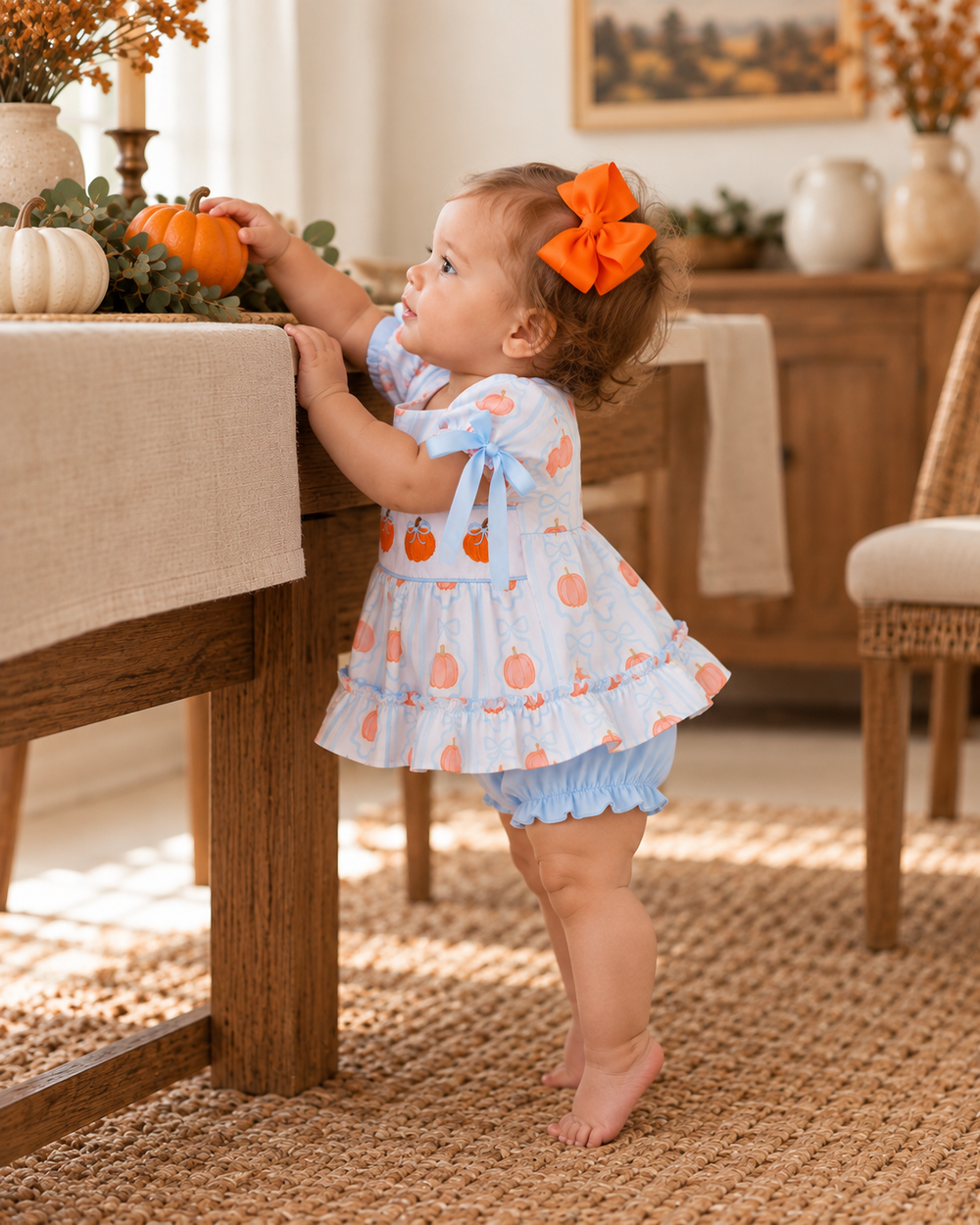 Baby girl reaching for a a pumpkin on a table