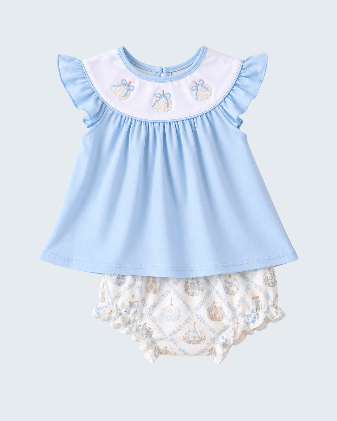 Baby blue embroidered ruffle bloomer set, flutter-sleeve dress with matching patterned shorts