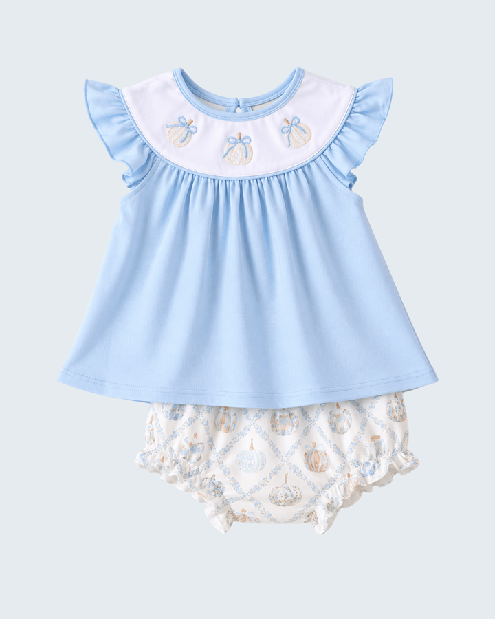 Baby blue embroidered ruffle bloomer set, flutter-sleeve dress with matching patterned shorts