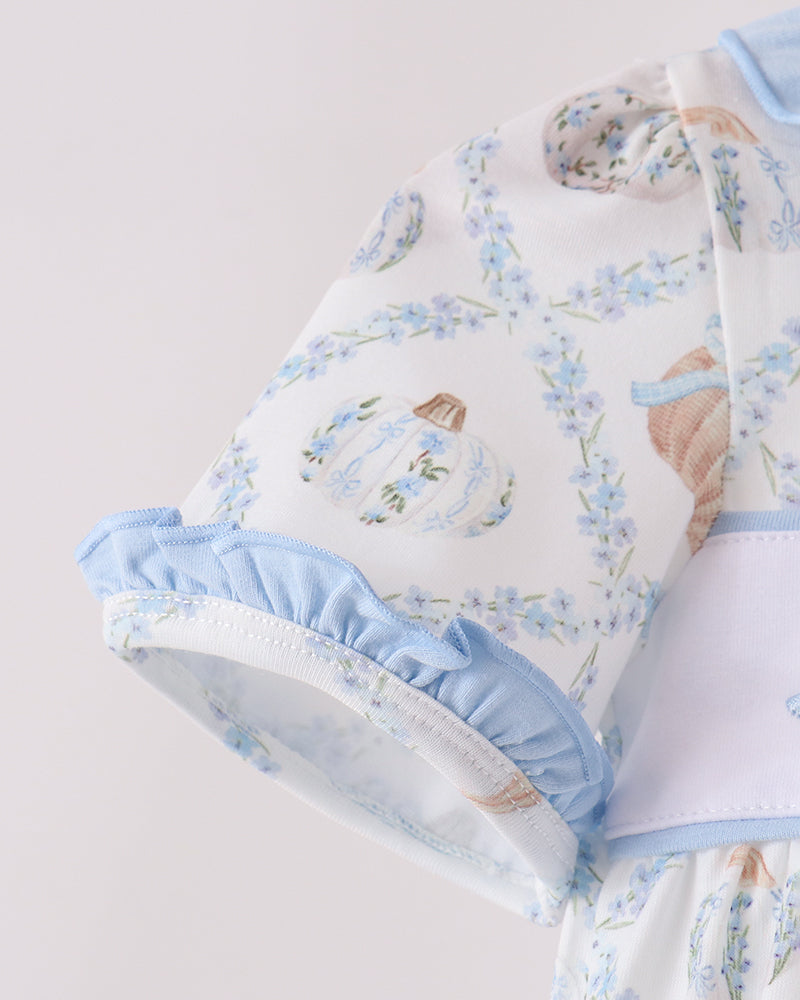 Blue-and-white baby bubble romper with short puff sleeves and pumpkin print
