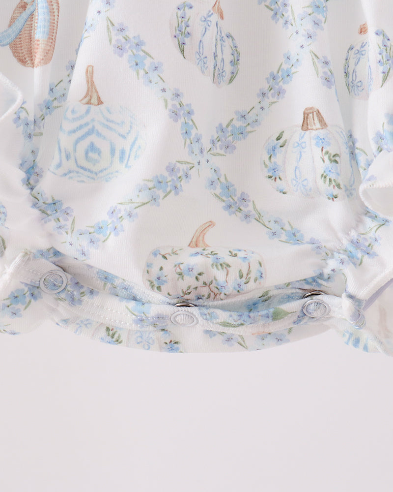 Blue-and-white baby bubble romper with allover pumpkin and floral print and ruffled hem