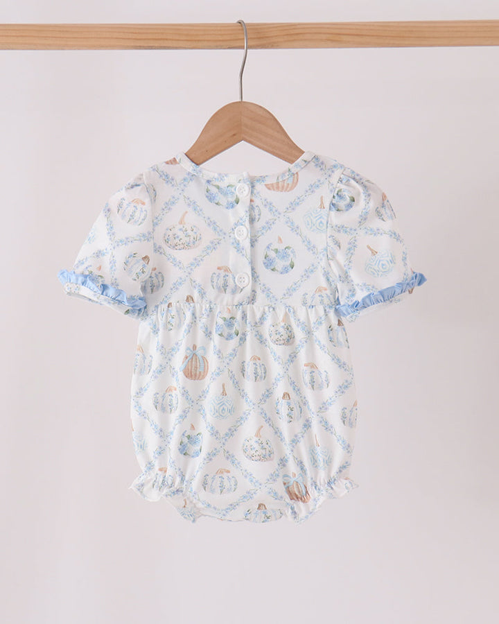 Blue-and-white baby bubble romper with gathered ruffle collar and pumpkin embroidery