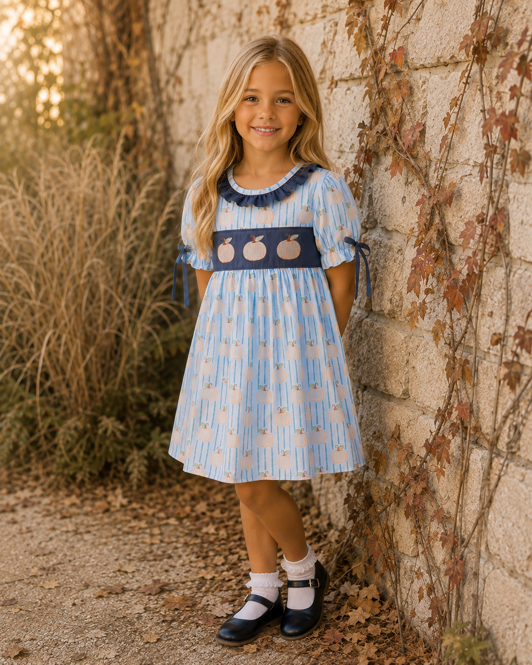 A young girl with long blonde hair stands against a stone wall wearing a light blue and navy dress with a vertical stripe pattern and a horizontal band of embroidered apple motifs. She is wearing navy Mary Jane shoes and white socks.