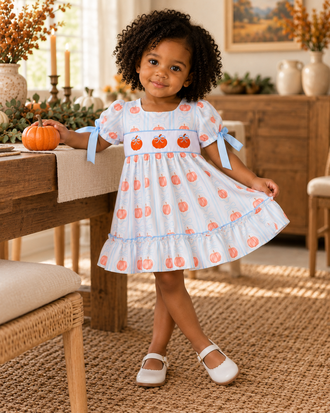 toddler girl in a pumpkin print dress. She is standing by a dining room table.