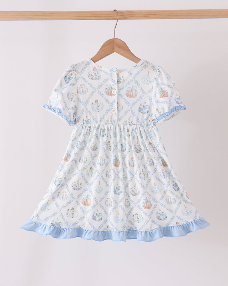Light blue and white baby dress with puff sleeves, ruffled neckline, and pumpkin embroidery.