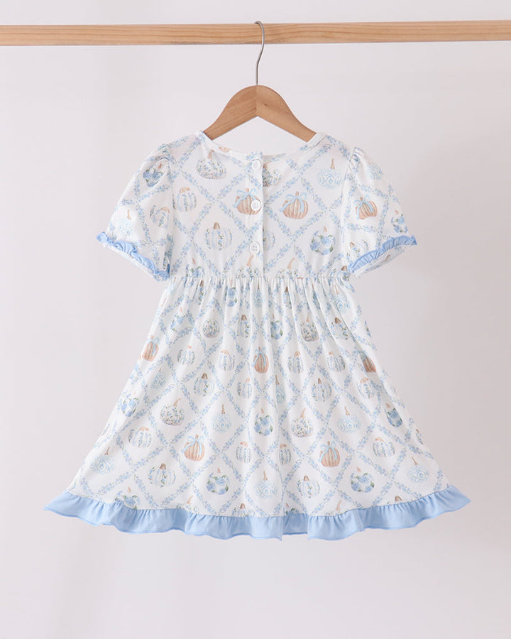 Light blue and white baby dress with puff sleeves, ruffled neckline, and pumpkin embroidery.