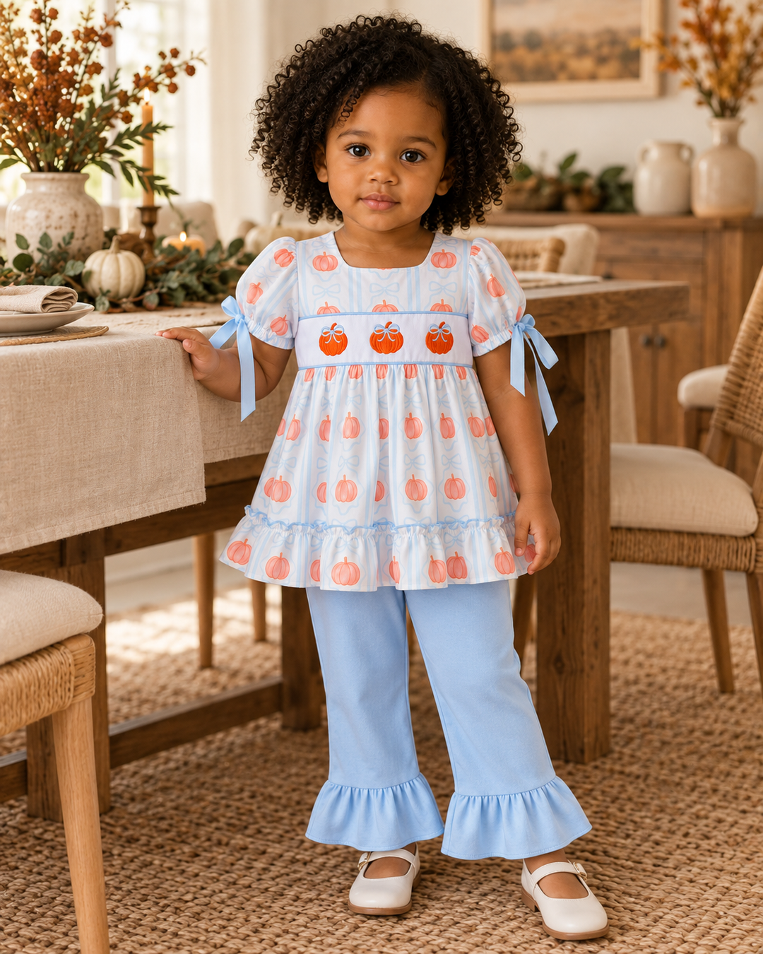 A toddler girl stands in a dining room wearing a light blue outfit with a pumpkin print top and matching flared pants. The top has short sleeves with blue ribbon ties, a smocked chest panel with three embroidered pumpkins, and a ruffled hem.
