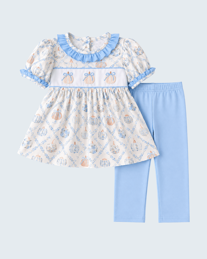 Light blue pumpkin embroidered ruffle dress top with matching blue leggings set
