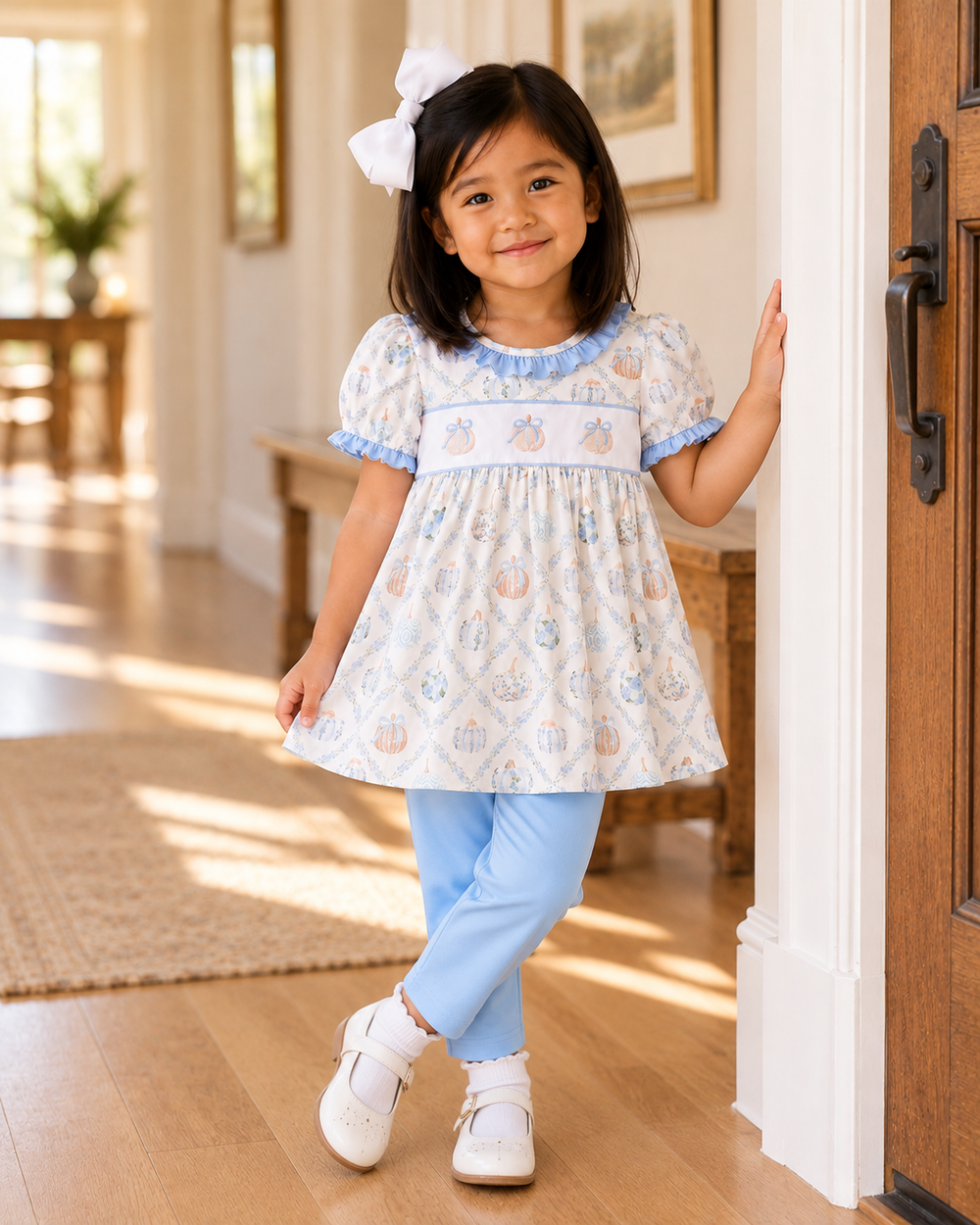 Girl wearing light blue pumpkin embroidered ruffle dress top with matching blue leggings