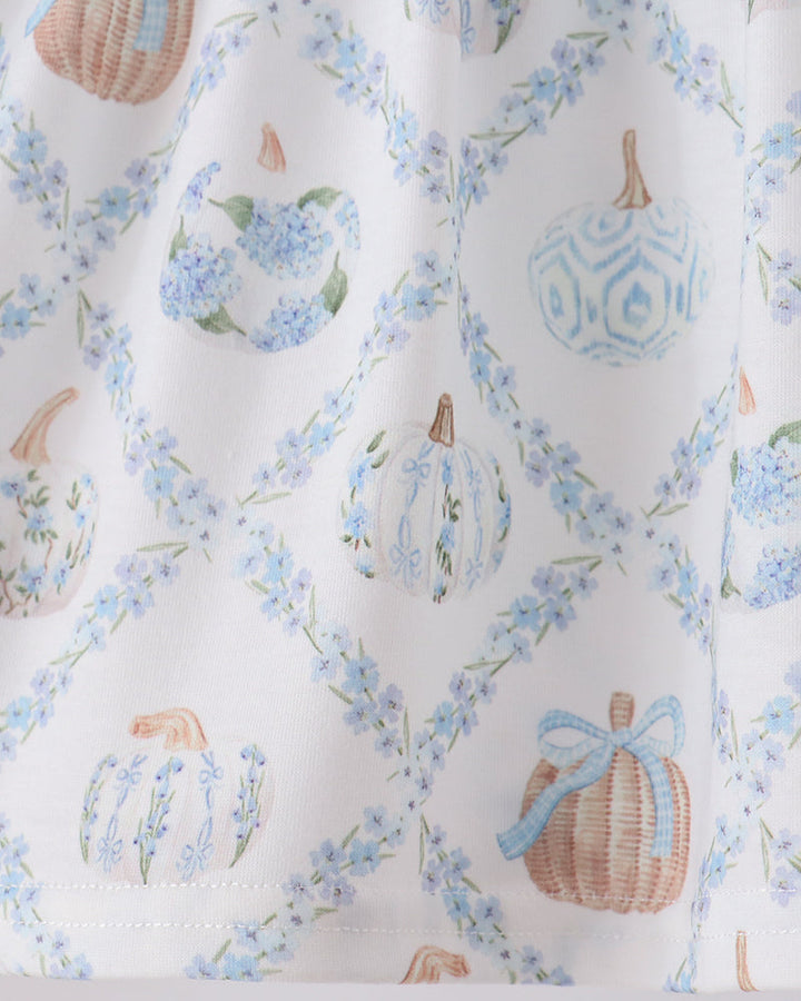 Blue and white pumpkin floral print fabric with bows and hanging ornament designs