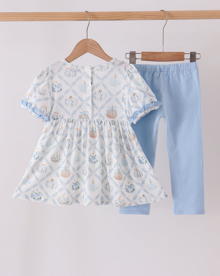 Ruffle dress set with embroidered pumpkins, paired with matching light blue pants