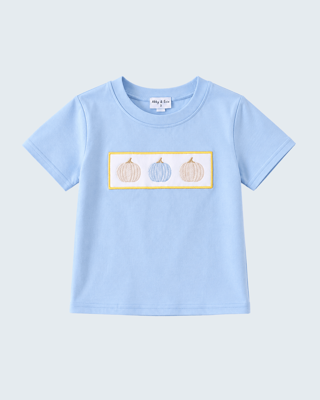 Light blue embroidered crew-neck T-shirt with pumpkin patch on chest