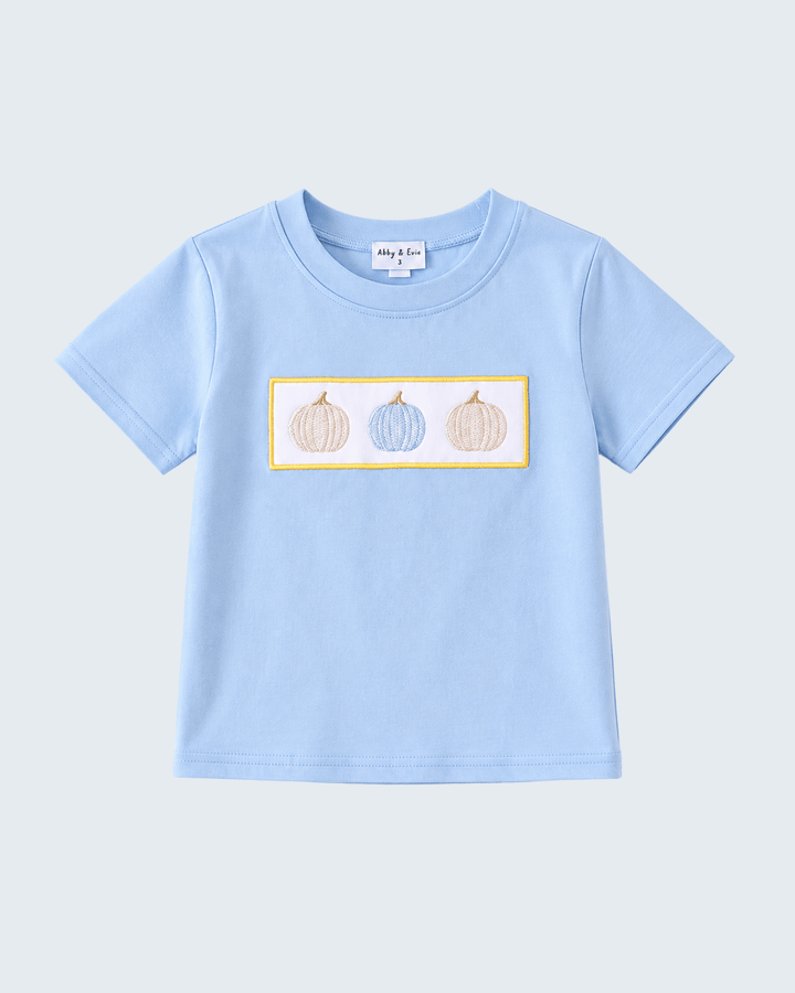 Light blue embroidered crew-neck T-shirt with pumpkin patch on chest
