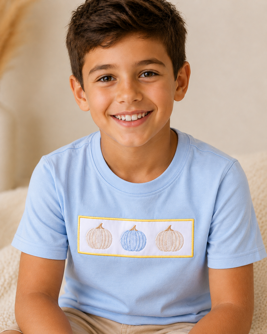 Light blue short-sleeve T-shirt, crew neck, pumpkin embroidery on chest