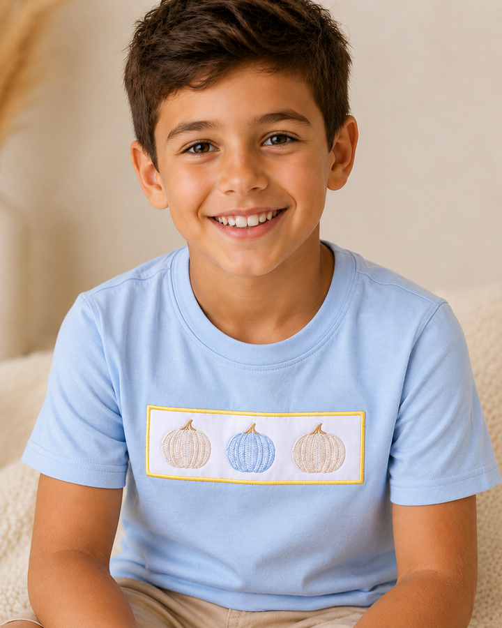Light blue short-sleeve T-shirt, crew neck, pumpkin embroidery on chest