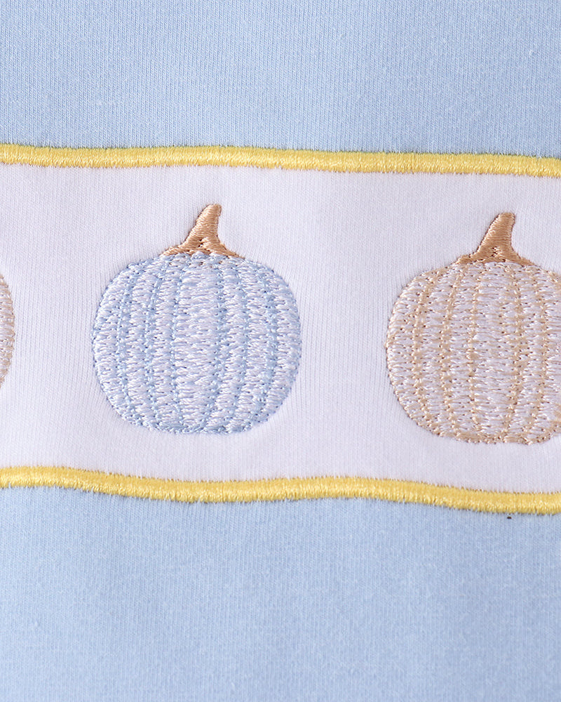 Light blue top with embroidered pumpkin applique, blue and tan stitched design