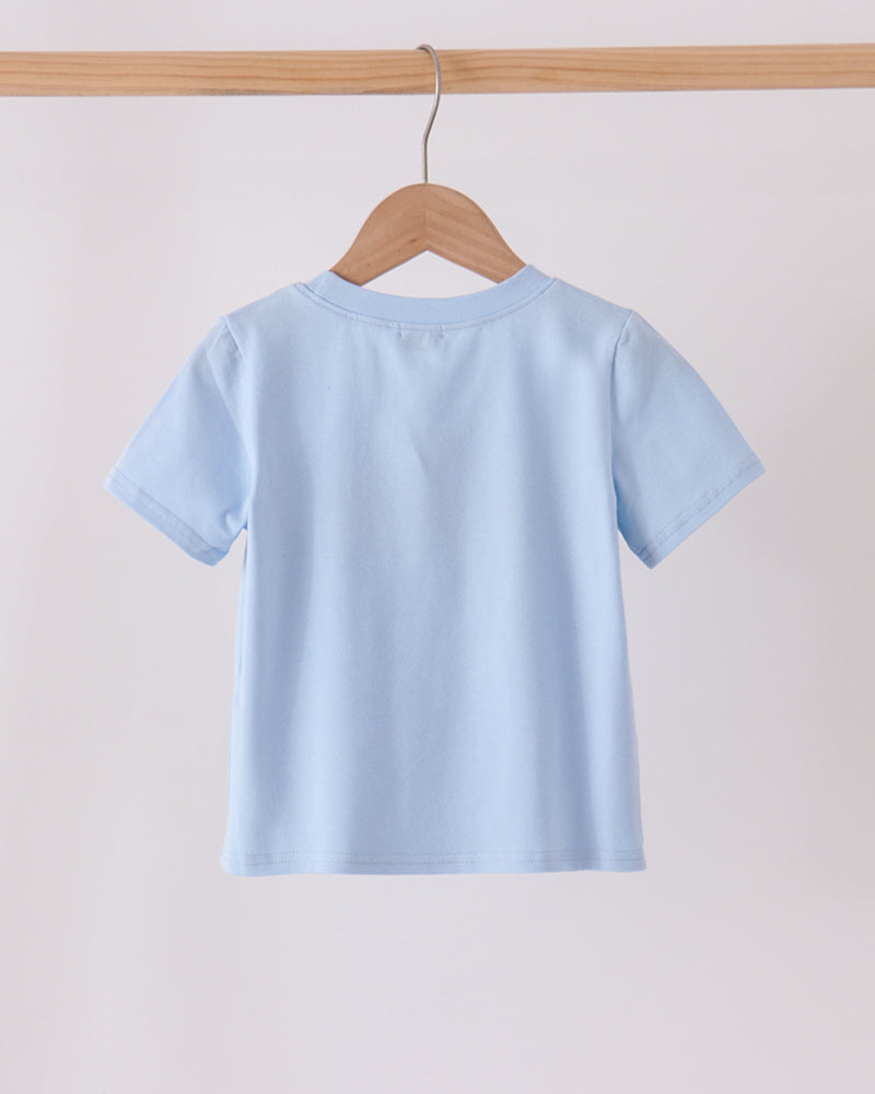 Light blue short-sleeve top, plain back with rounded hem