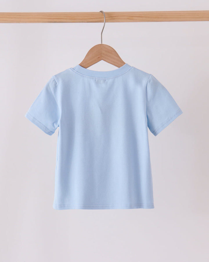 Light blue short-sleeve top, plain back with rounded hem