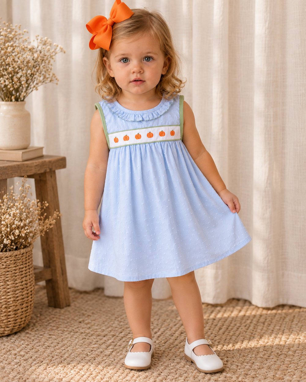 A toddler girl wearing a light blue sleeveless dress with a decorative orange and green smocked chest panel, standing in a sunlit room with cream curtains, a small wooden stool, and dried flowers.