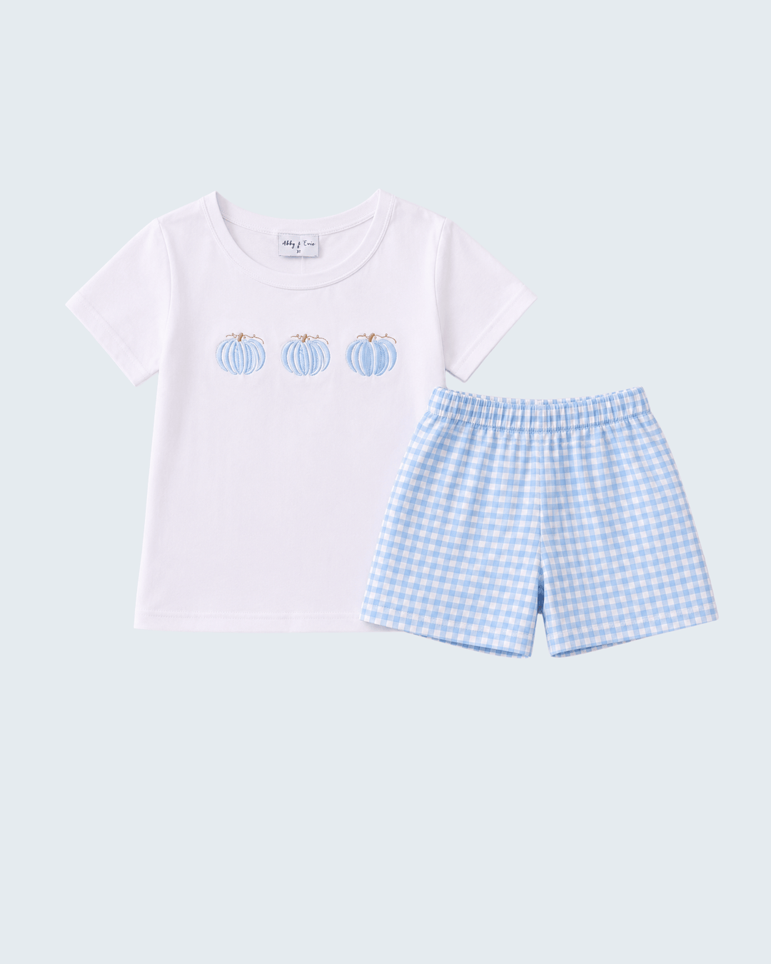 White T-shirt with blue pumpkin print and blue gingham shorts with elastic waist