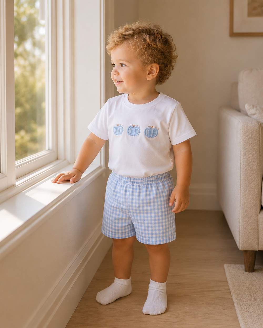 Toddler wearing white T-shirt with blue pumpkin print and blue gingham shorts, white socks