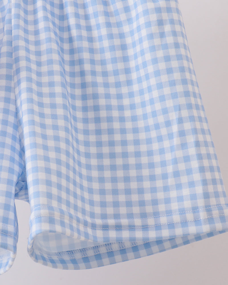 Blue gingham shorts with light trim hem and gathered waist
