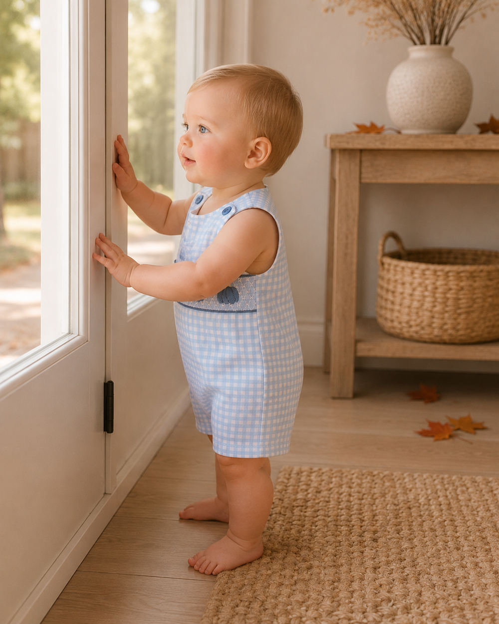 A toddler stands barefoot indoors by a glass door, wearing a light blue and white gingham sleeveless romper with dark blue trim and a small blue embroidered detail on the chest.