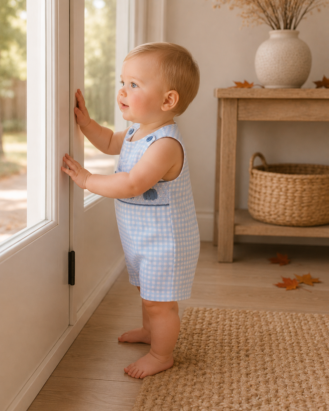 A toddler stands barefoot indoors by a glass door, wearing a light blue and white gingham sleeveless romper with dark blue trim and a small blue embroidered detail on the chest.