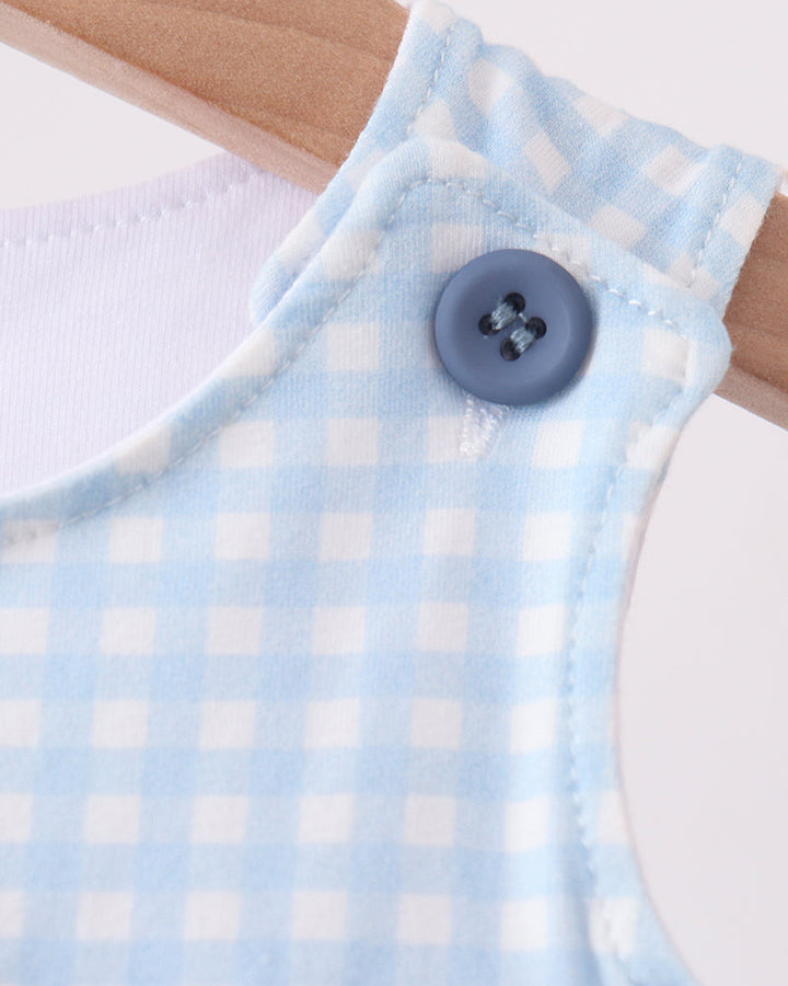 Blue gingham jon jon with round button and smocked shoulder straps