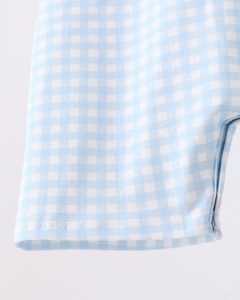 Light blue gingham jon jon leg hem with stitched cuff and folded edge