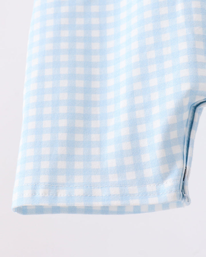 Light blue gingham jon jon leg hem with stitched cuff and folded edge