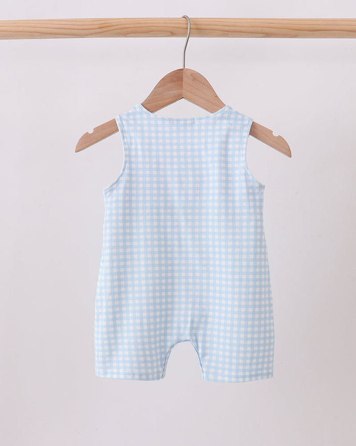 Blue smocked gingham jon jon sleeveless romper with pumpkin appliques