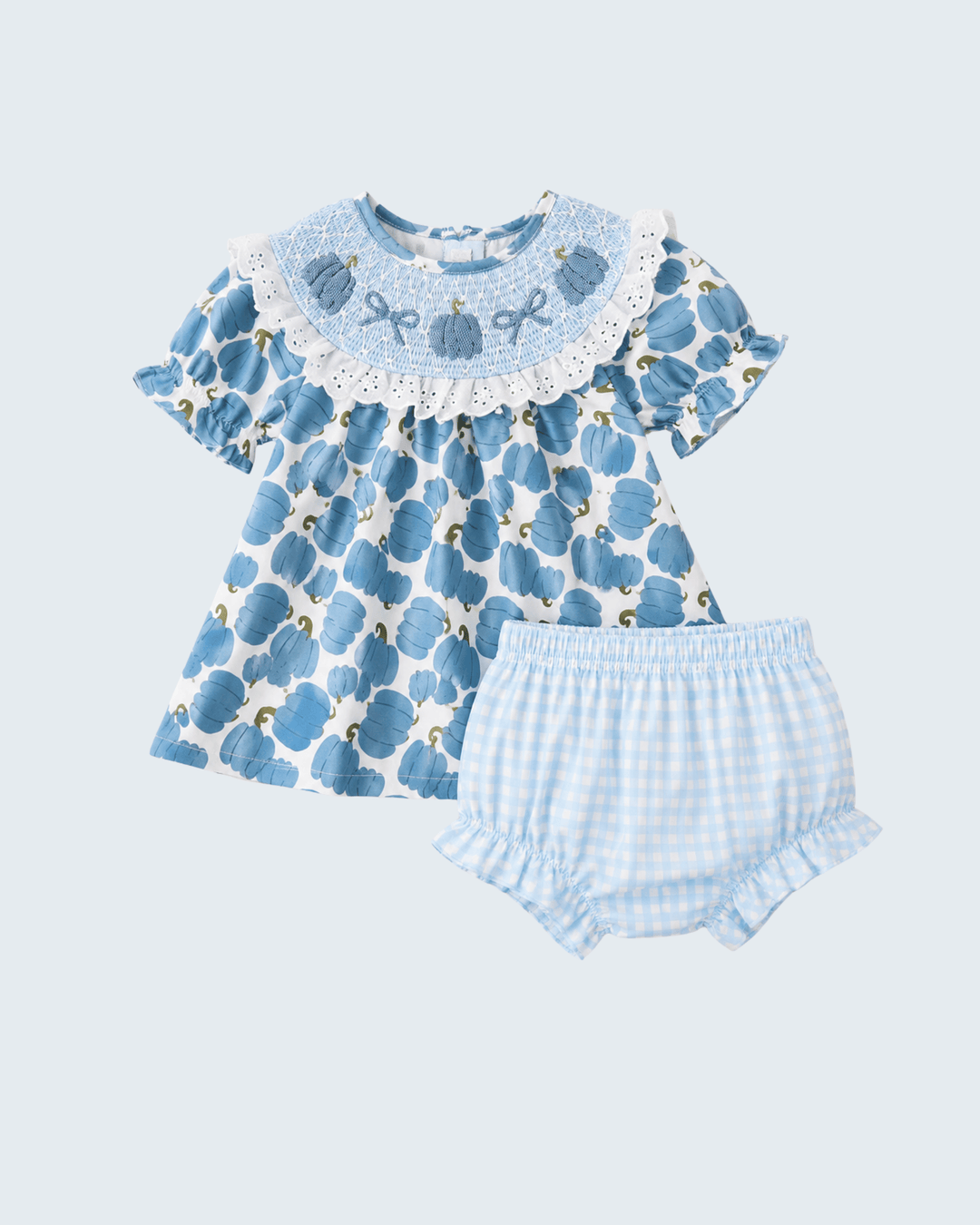Blue pumpkin print smocked lace dress top paired with light blue gingham bloomer set