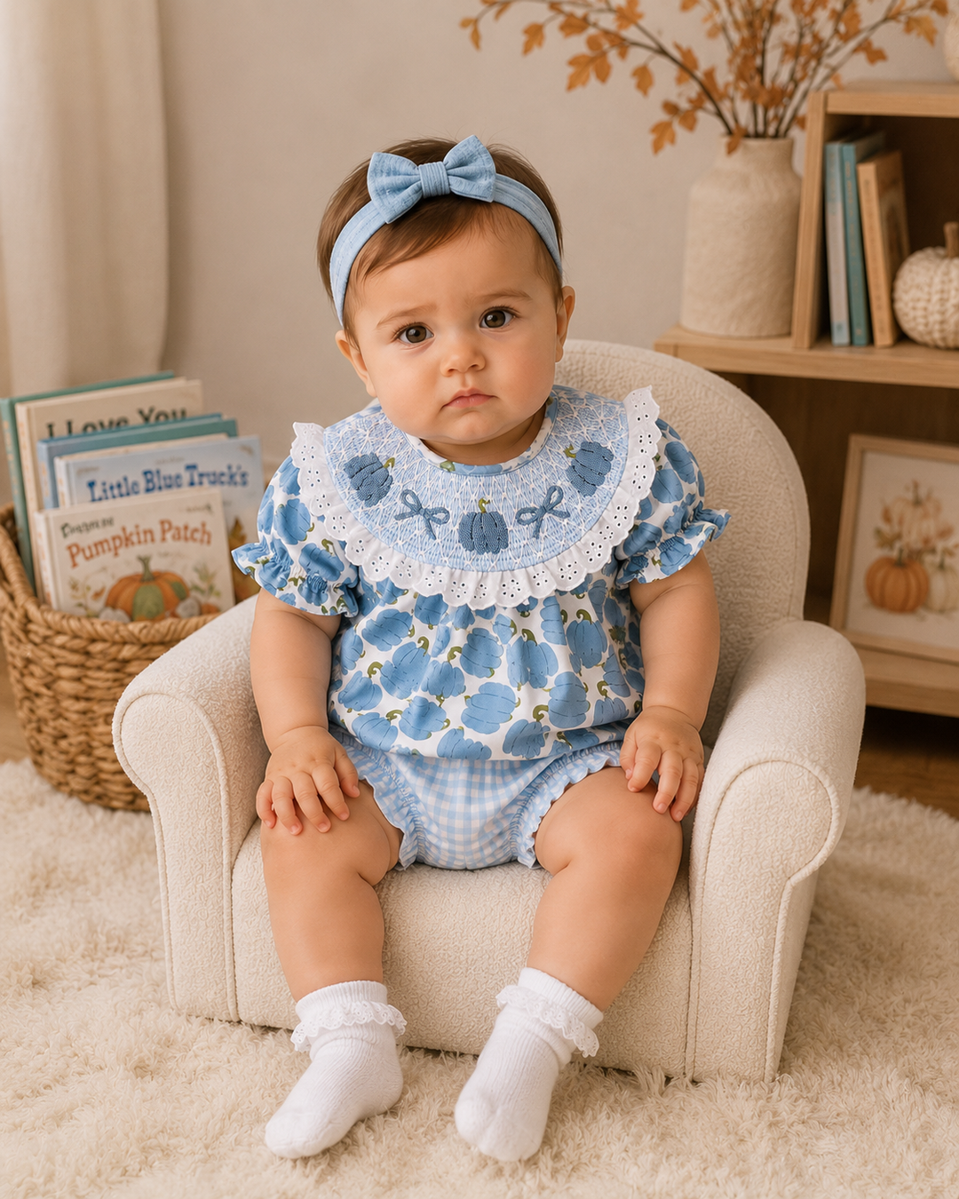 Baby girl wearing blue pumpkin print smocked lace bloomer set with bow headband