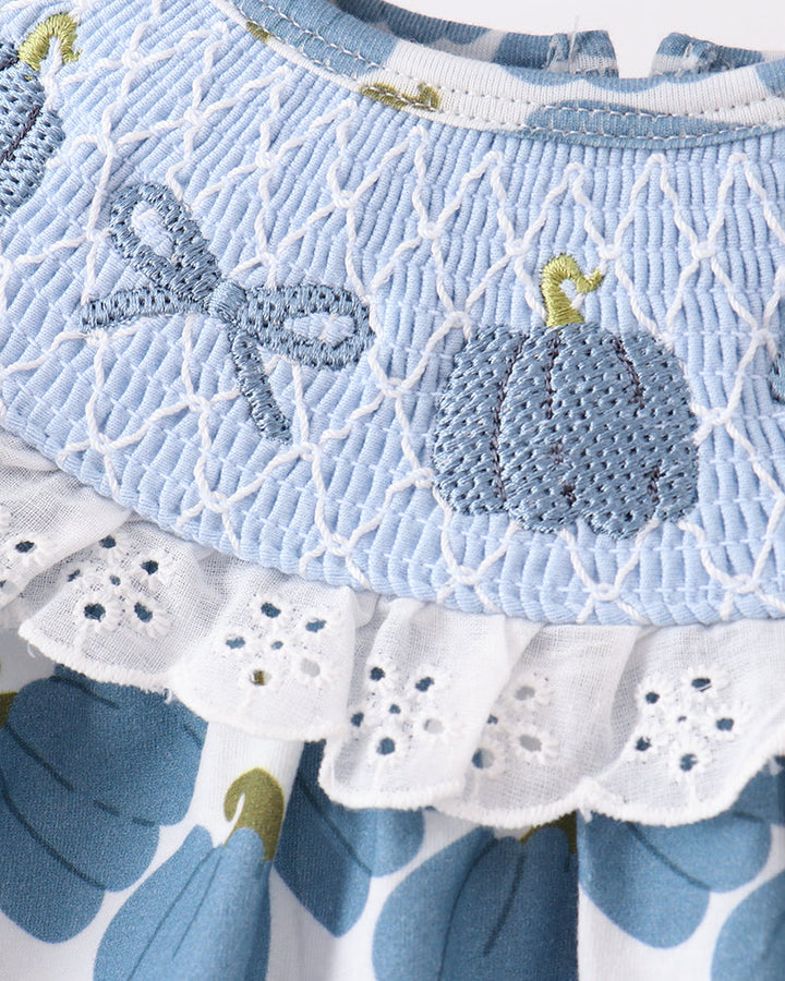 Light blue smocked lace collar bloomer set with blue pumpkin pattern bodice detail