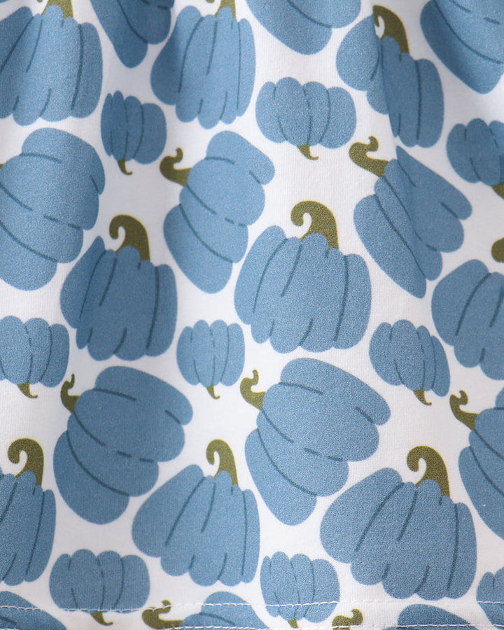 Blue pumpkin print fabric swatch for smocked lace bloomer set