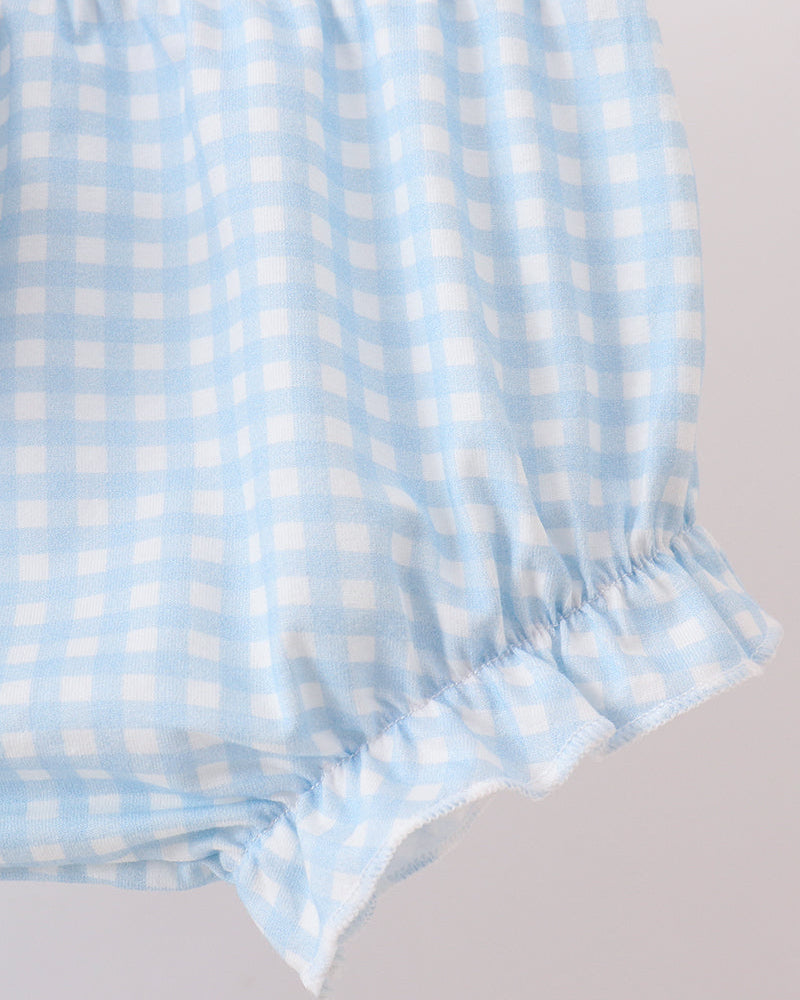 Light blue gingham bloomer shorts with gathered elastic leg openings