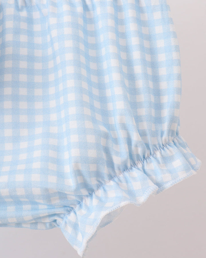 Light blue gingham bloomer shorts with gathered elastic leg openings