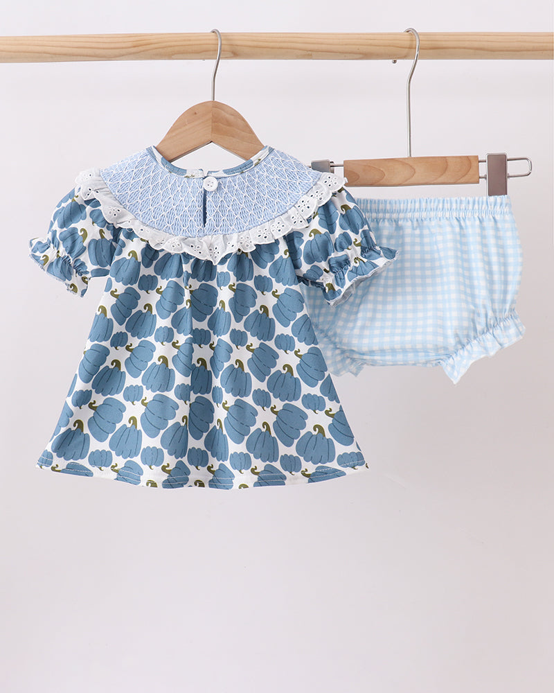 Blue pumpkin print dress top with scalloped smocked lace collar and gingham bloomer